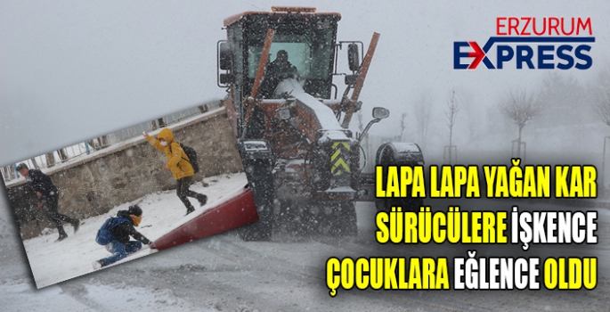 Erzurum’da lapa lapa yağan kar, kimine işkence kimine eğlence oldu