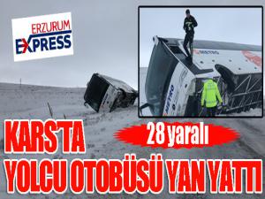 28 yolcusu bulunan otobüs kayarak yan yattı