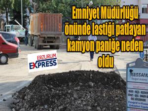 Emniyet Müdürlüğü önünde lastiği patlayan kamyon paniğe neden oldu