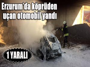 Erzurumda köprüden uçan otomobil yandı: 1 yaralı 