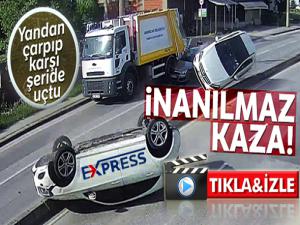 Otomobile yandan çarpıp karşı şeride uçtu: 2 yaralı