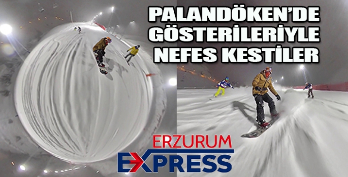 Palandöken Kayak Merkezi’nde snowboardçuların gece kayağı gösterisi nefes kesti