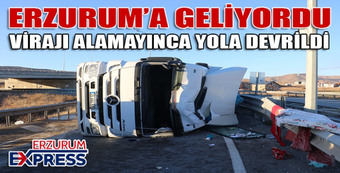 Virajı alamayan tır yola devrildi