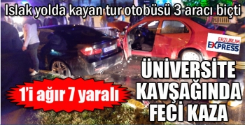 Yağmurlu yolda kayan tur otobüsü 3 aracı biçti: 7 yaralı