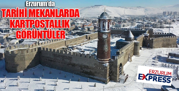 Erzurum’da kar altında kalan tarihi yerler havadan görüntülendi