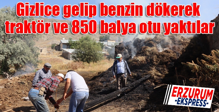 Gizlice gelip benzin dökerek traktör ve 850 balya otu yaktılar