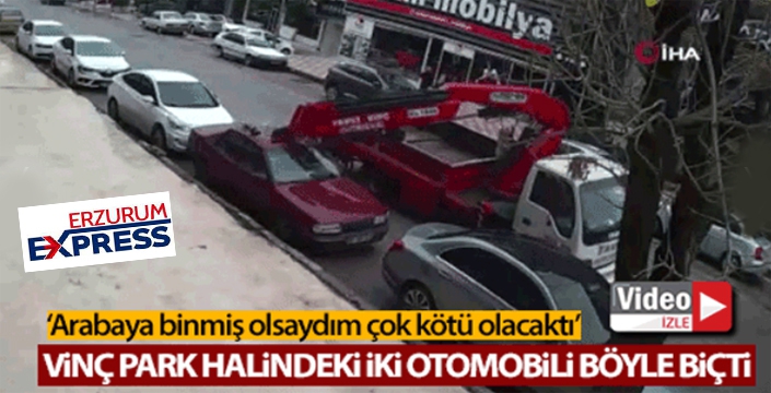 Vinç park halindeki iki otomobili biçti